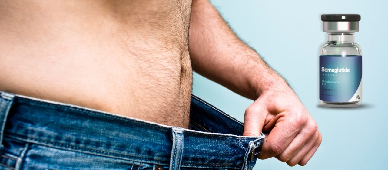 semaglutide bottle and male holding jeans out to show weightloss